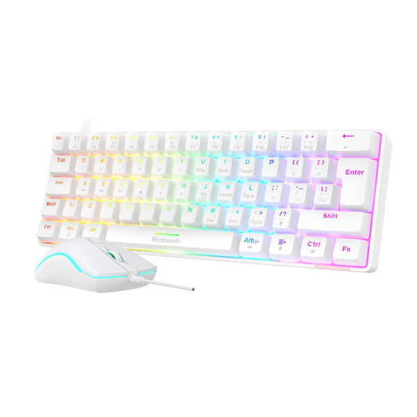 UK-Layout Real Mechanical Gaming Keyboard and Mouse Combo, Wired 60% keyboard with 25 RGB Backlight Effect for PC laptop Game, White